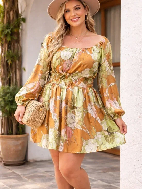 Ryegrass NWT XXL Tan Floral Smocked Waist Boho Mini Dress Long Sleeve - Picture 1 of 9